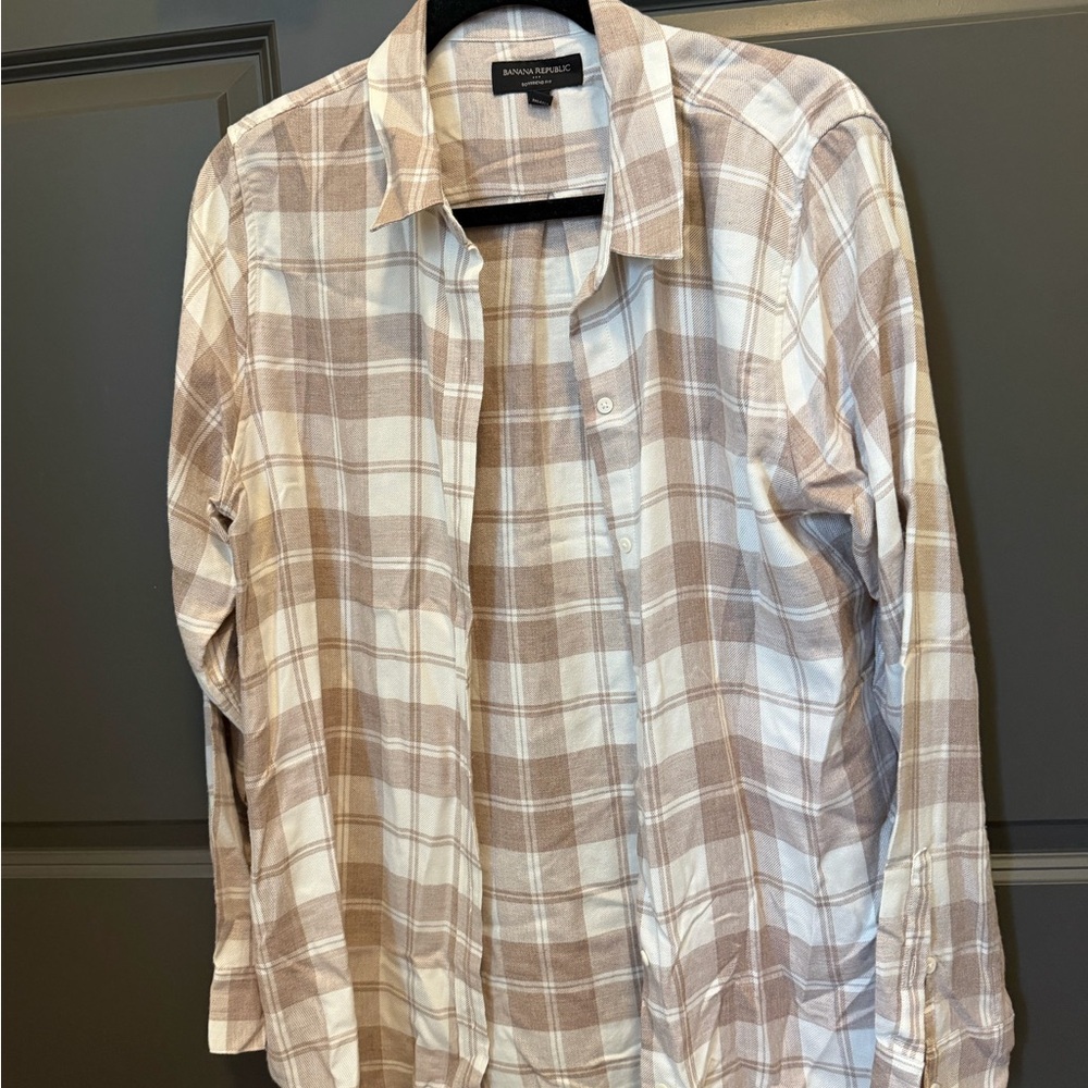 Banana Republic Beige and White Plaid Button-Down Shirt